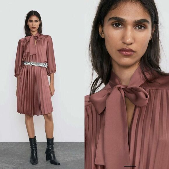 Zara Pleated Long Sleeve Tie-Neck Mini Dress in Dusty Rose Pink Bloggers Fave, M - Picture 1 of 16